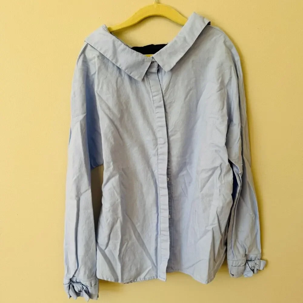 ZARA GIRLS Light Blue Button-Down Cotton Shirt with Bows Size M